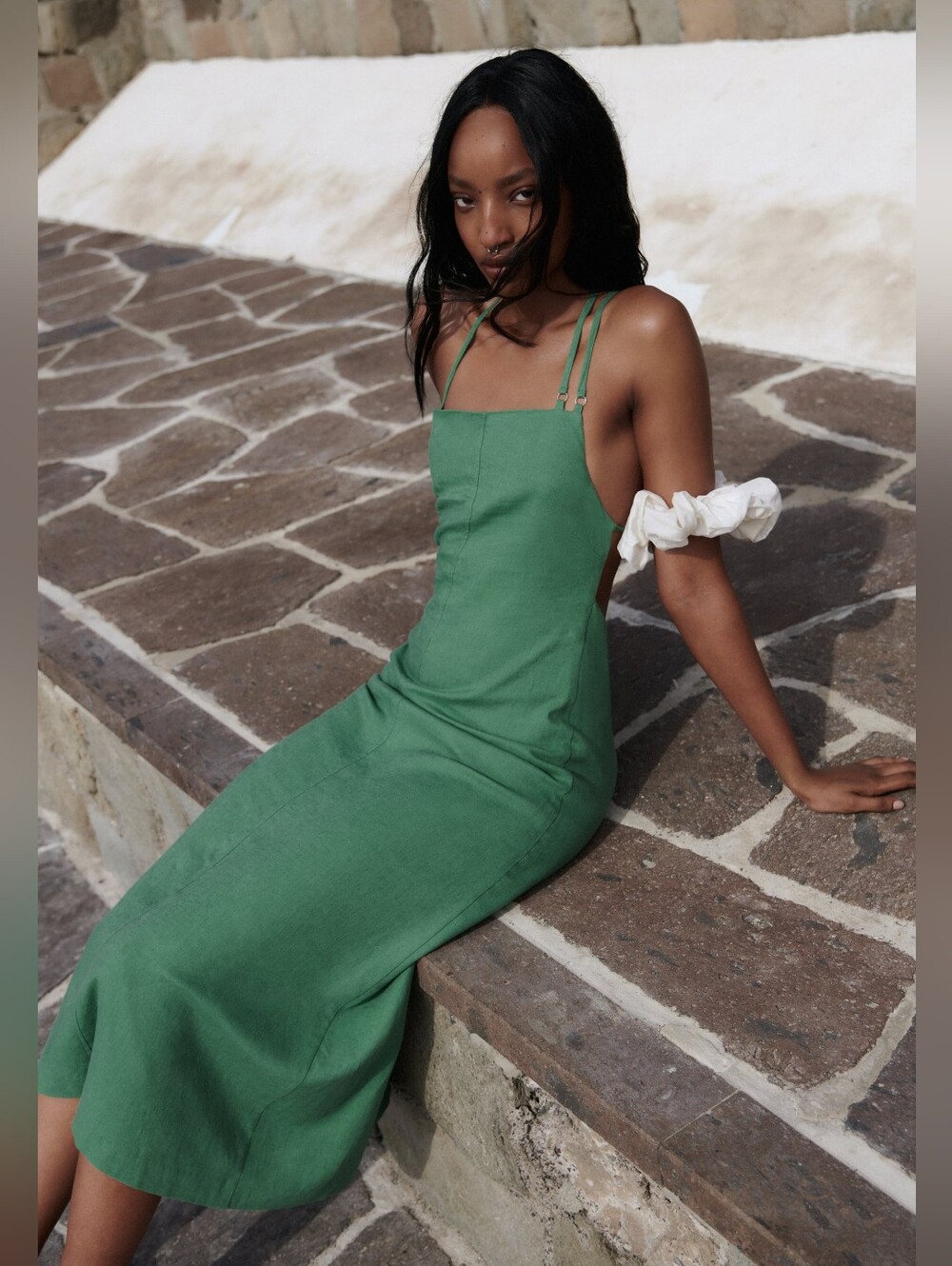 Zara Emerald Green Double-Strap Midi Dress